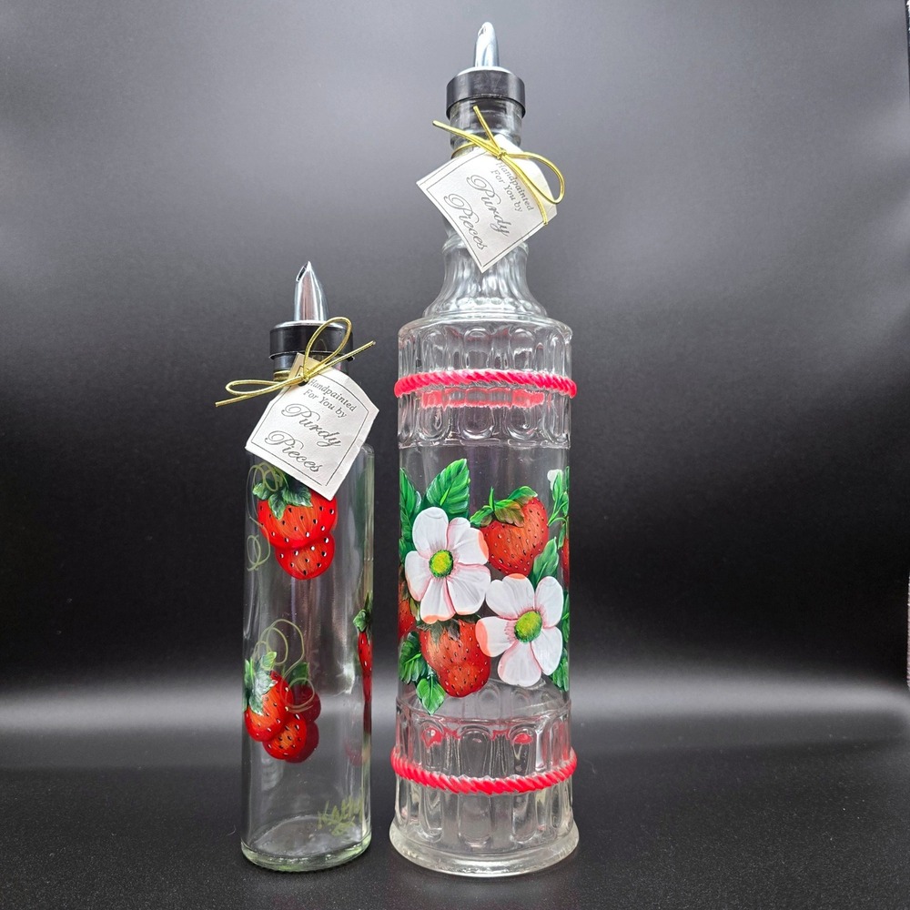 Purdy Pieces Handpainted Strawberry Glass Oil Vinegar Cruet Set Italy Spill-Stop